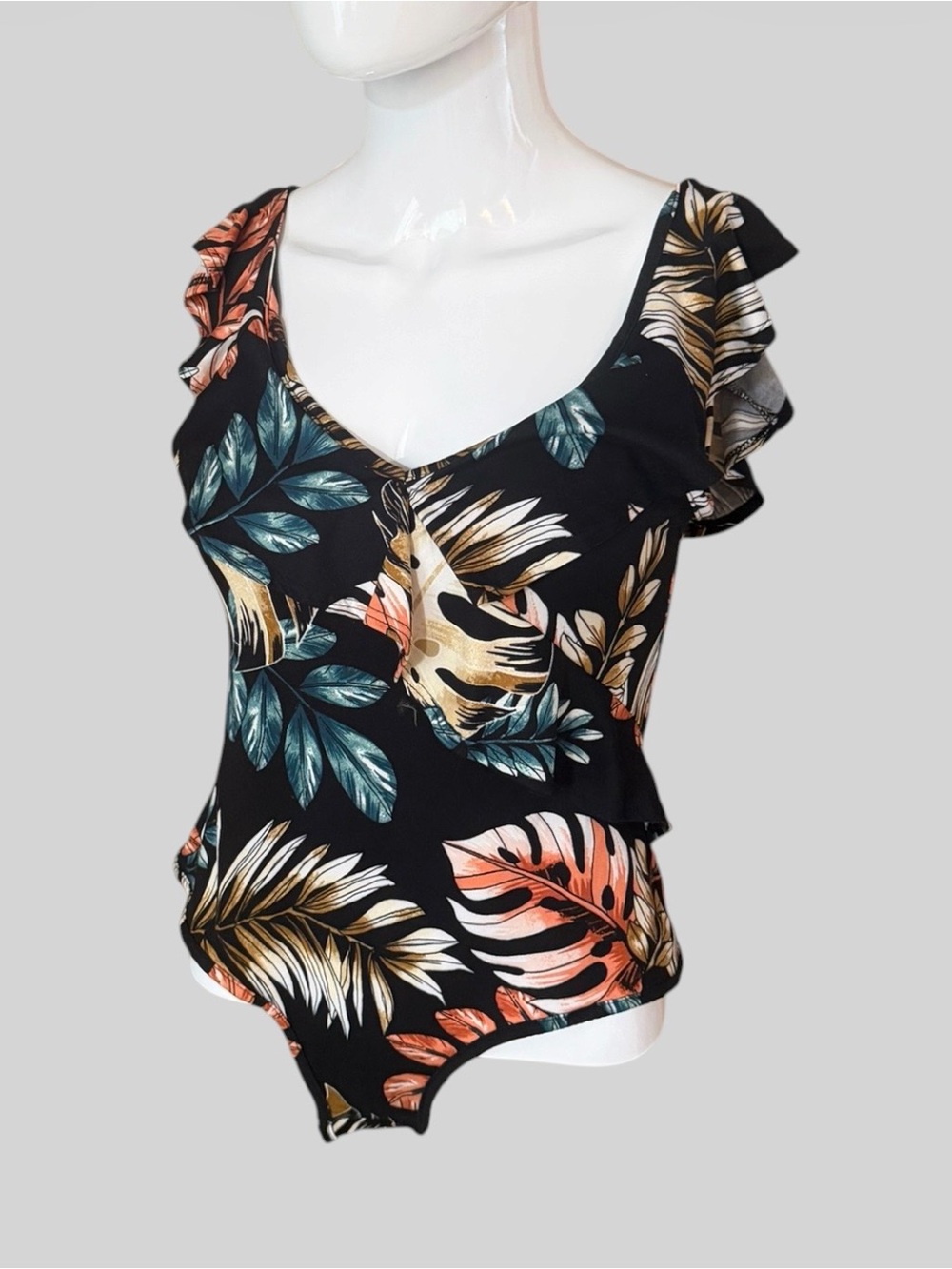 Floral Ruffle V-Neck Black Tropical Leaf Bodysuit